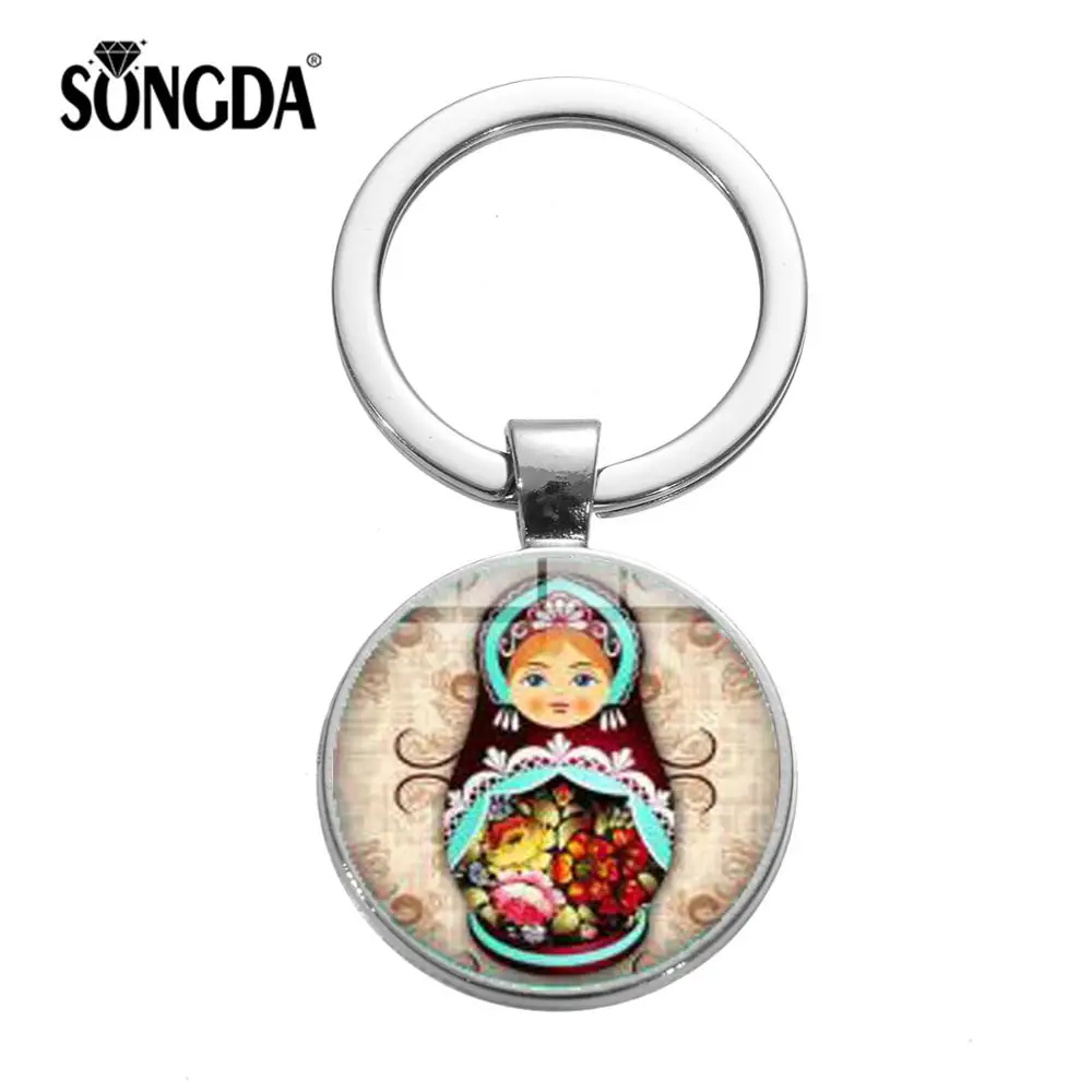 

SONGDA Tradition Russian Doll Keychain Matryoshka Cute Dolls Handmade DIY Art Pattern Glass Gems Keyring Chain Holder Car Charms