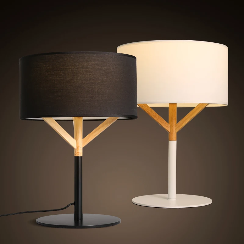 Fabric shade wood bed room table lamp study room desk light with LED