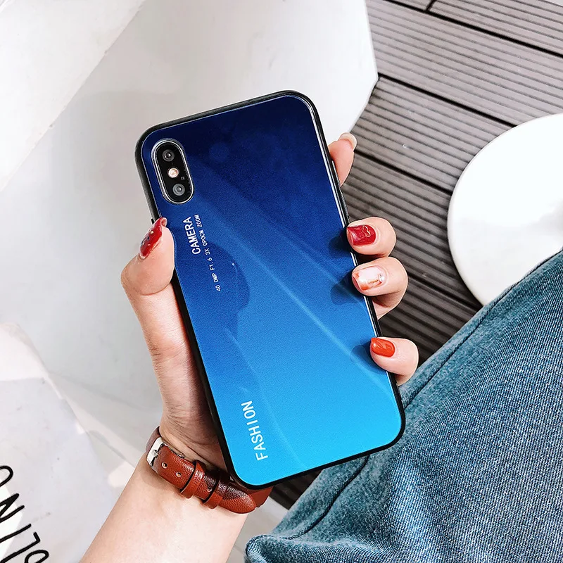 

LuxuryTempered Glass Case For iPhone 7 8 X 6 6S Plus Gradient Color Blue Ray Aurora Skin Back Cover For iPhone XS Max XR Case