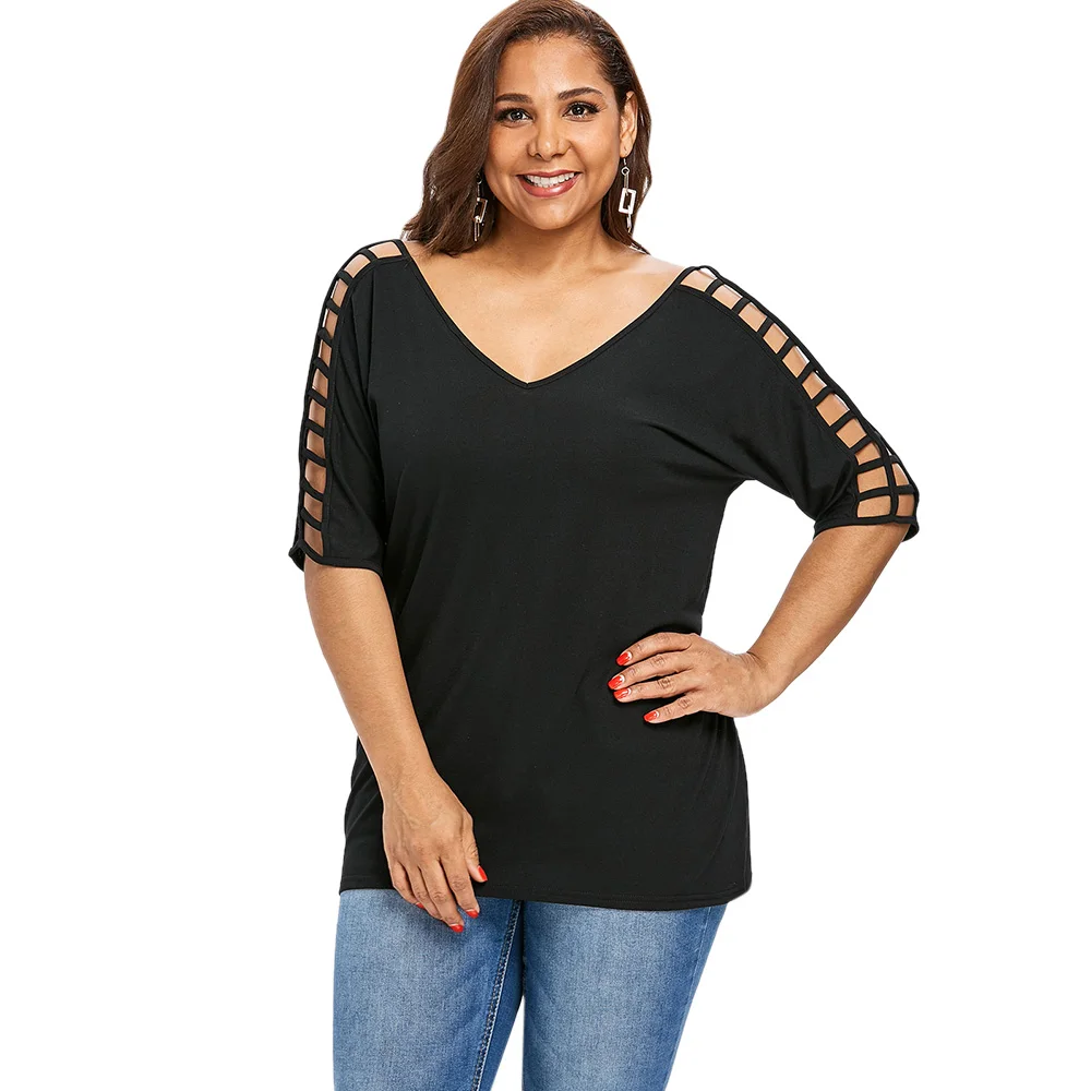 

Wipalo Plus Size 5XL V Neck Cut Out Tunic Tops Hollow Out Sexy T Shirt Women Clothes Big Size Black Cotton T-Shirt Summer 2018