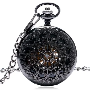

Retro Black Hollow Spider Web Case Skeleton Arabic Number Mechanical Hand Wind Pocket Watch Women Fob Watches Gift