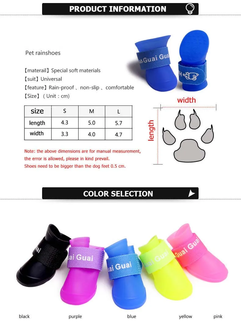 Fashion Waterproof Dog Shoes Solid Color Outdoor Rain Shoe For Dogs Pet Boots No Slip Anti Skid 4PCSSET Size S M L 5Colors 1205