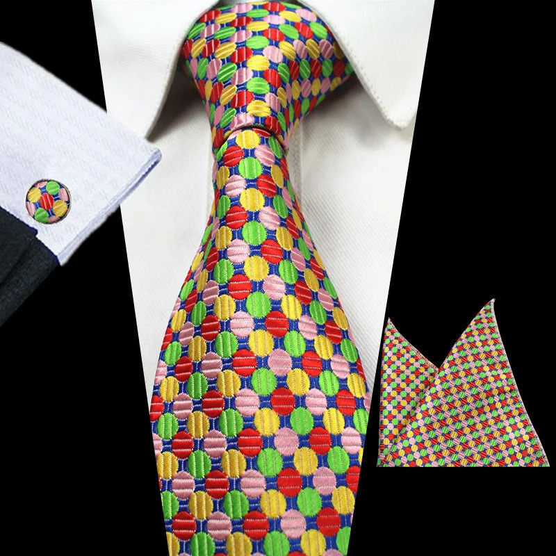 Woven Silk Necktie HandMade Mens Dot Tie Cufflinks and Handkerchief Set