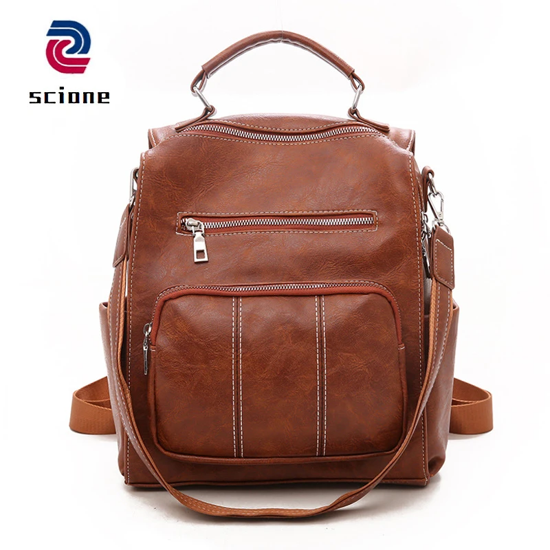 

Vintage Soft Leather Backpack Women Multifunction School Bag For Girls Female Rucksack Brown Large Capacity Casual Shoulder Bags