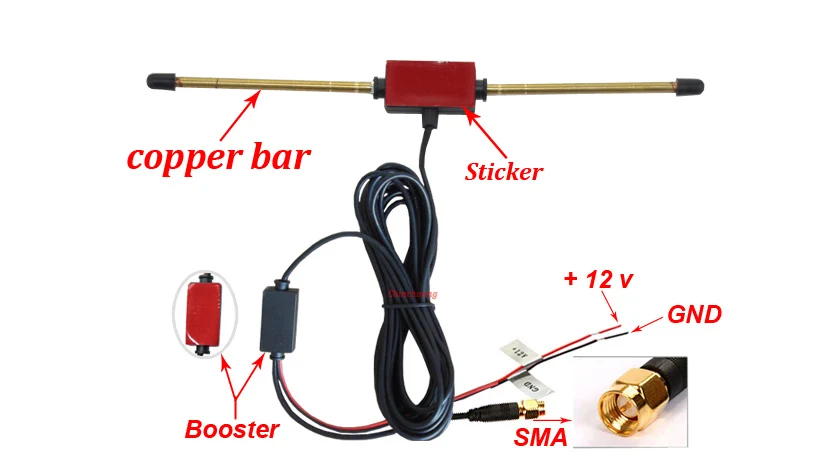 Медный бар антенна автомобиля DVB-T T2 ISDB-T Цифровое ТВ Активная антенна с SMA разъемом, усилитель для автомобиля DVD цифровой ТВ коробка