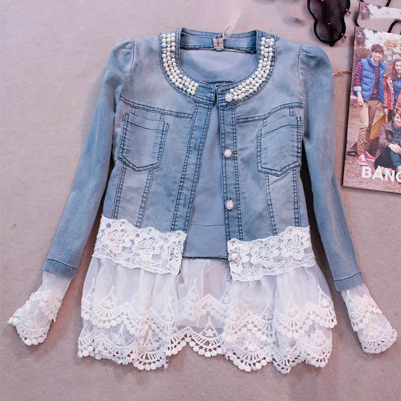 

Large Size 5XL Patchwork Beading Denim Slim Lace Jeans Coats Women Elegant Vintage Lady Coat 2019 New Fashion Female Coat