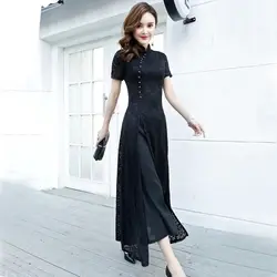 2019 летнее улучшенное платье в азиатском стиле аозай Вьетнам винтажная одежда короткий рукав черный женский цветок вышивка вьетнамский