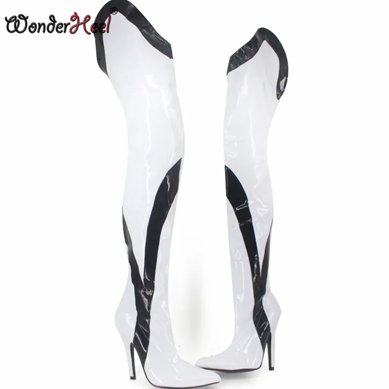 Wonderheel/71 см длина на очень высоком 12 см каблук-шпилька патент Белый с острым носком женские облегающие сапоги пикантные модный показ сапоги