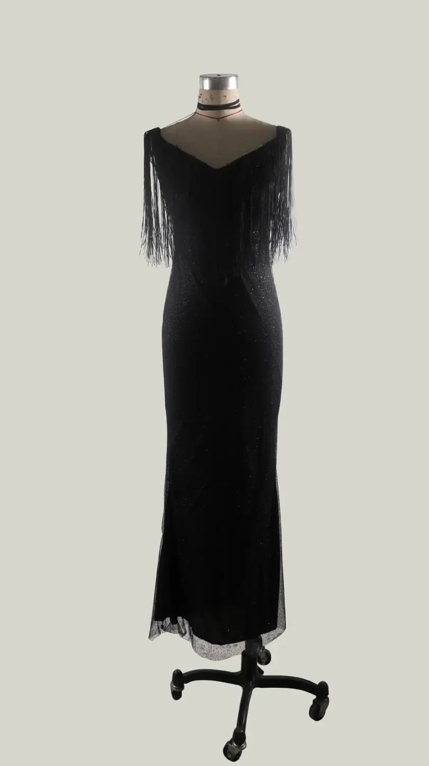 Официальное платье, женское, кружевное, без бретелек, труба, длинное, вечерние, женское, с кисточками, черное, сексуальное, на один шаг, для свадьбы, большие платья - Цвет: Черный