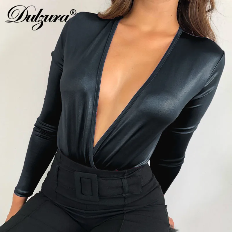 Dulzura النساء ارتداءها v الرقبة لصق مثير 2018 الخريف الشتاء مشرق أسود الأزياء الجسم الإناث طويل كم smocking جديد