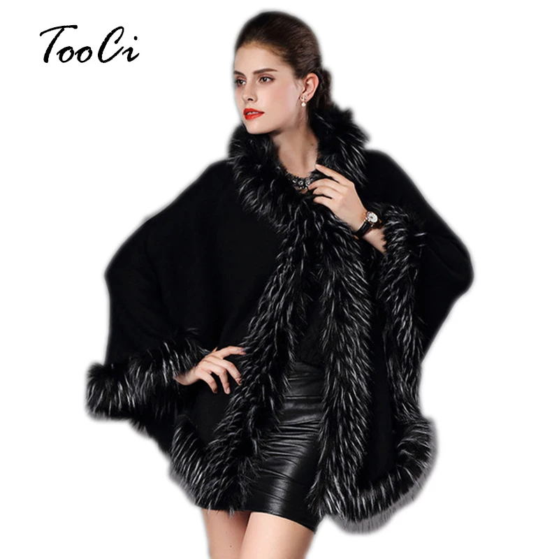 

High Quality Faux Fur Coat Autumn Winter Warm Poncho Cape Hooded Long Knitted Cloak Wool Cashmere Sweater Women's Cardigan Coat