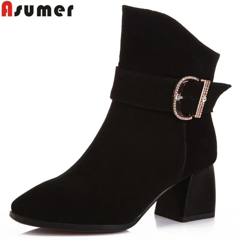 

ASUMER 2018 fashion autumn shoes woman square toe zip ankle boots women thick high heels suede leather shoes big size 34-43