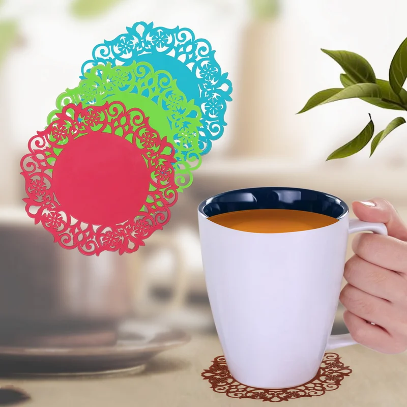

1PC Cup Mats Table Placemat Kitchen Accessories Lace Flower Hollow Doilies Anti-slip Silicone Coaster Coffee Tea Mat Pad