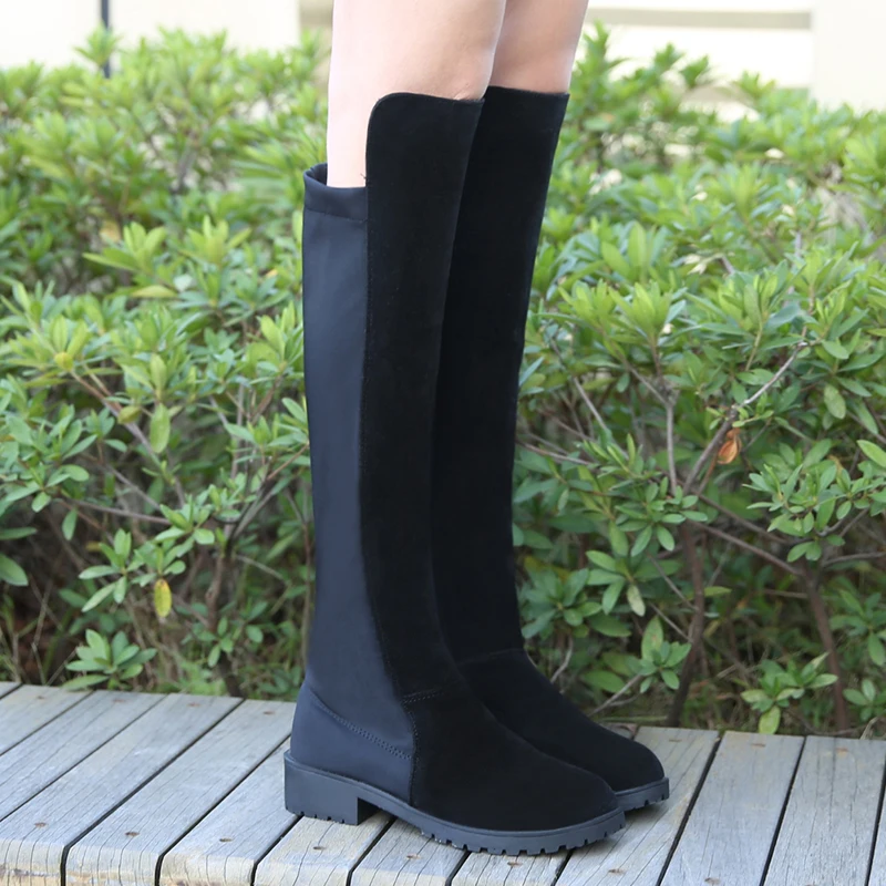 

New Arrive Women Boots Fashion Flock Ladies Boots Suede leather stitching Comfortable Knee High Boots 2018 Hot Sale Black Boots
