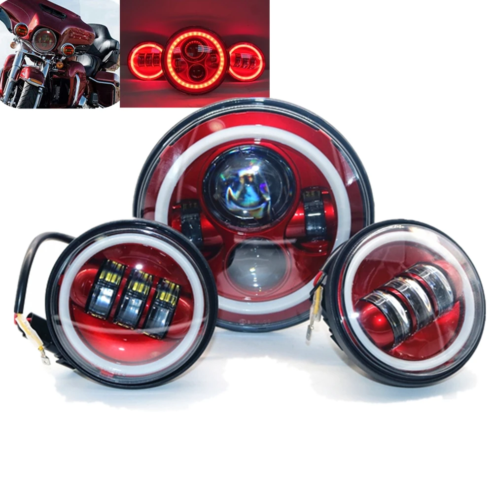 Red 7inch LED Headlight White/Red DRL With Halo 4.5 Inch Fog Passing Lights Set Motorcycle Accessories