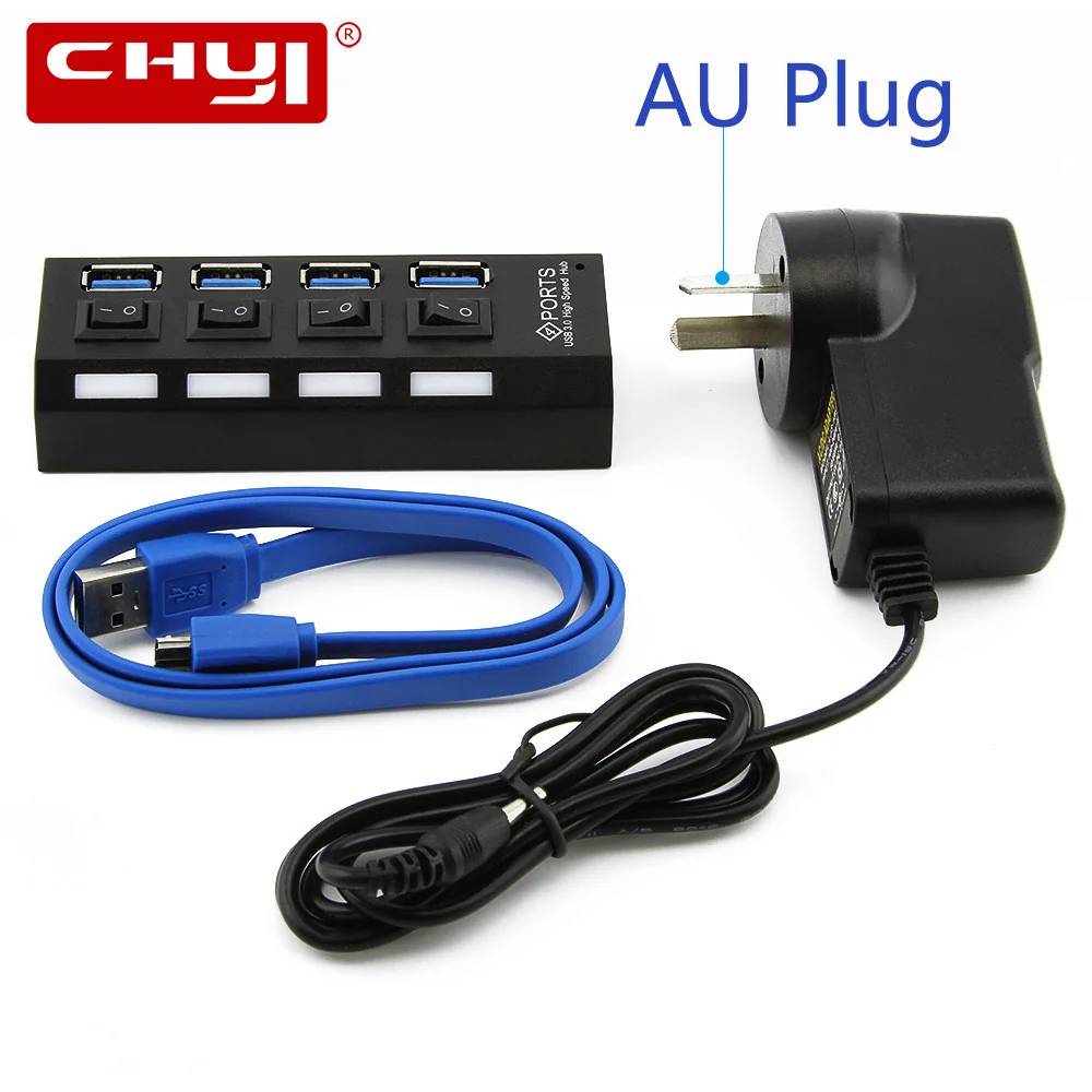 

CHYI Mini USB HUB 3.0 4 Ports With External US/EU/AU/UK Power Adapter USB Hub Splitter For Macbook Pro PC Computer Accessories