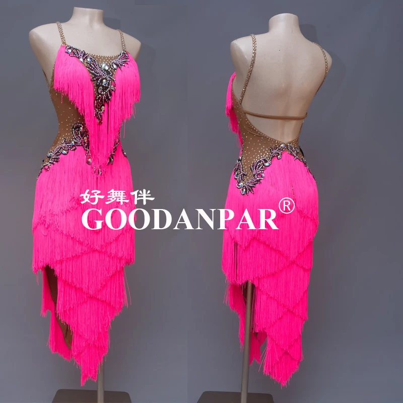 Ceny GOODANPAR Sexy kobiety konkurs tańca latynoskiego sukienka z body biustonosz puchar siatki Lycra Salsa Samba Rumba odzież sceniczna fringe