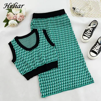 

Heliar 2019 Summer Women Suits Two Pieces Outfits Femme Pajama Set Skirt Women Green Striped Vest Green Skirt Women Patchwork
