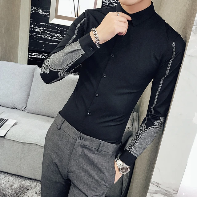 2018 nueva moda de marca-ropa para hombre Camisas Casual Slim Fit coreano estampado cuadrado collar blanco de manga larga para hombres ropa _ - Mobile