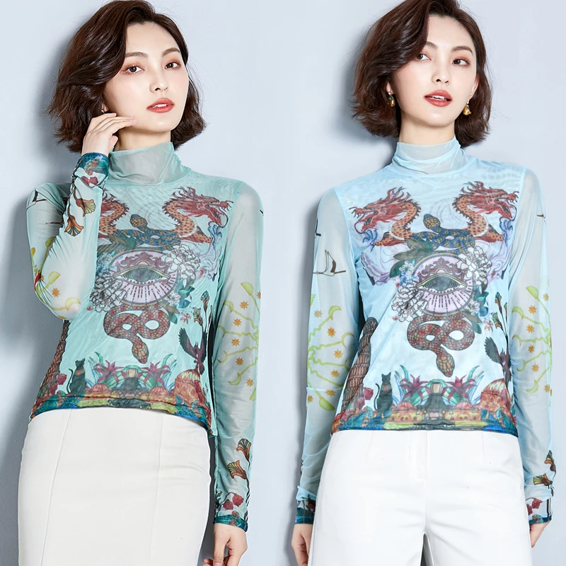 

Autumn Women Long Sleeve Dragon Print Mesh T-shirts Lady Fashion Print Snake T-shirts Female Thin Green Mesh Tops Long Sleeve