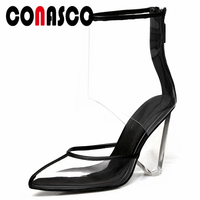 

CONASCO 2020 New Fashion Summer Sandals Women Back Zipper Pointed Toe High Heels Ankle Boots Genuine Leather Party Shoes Woman