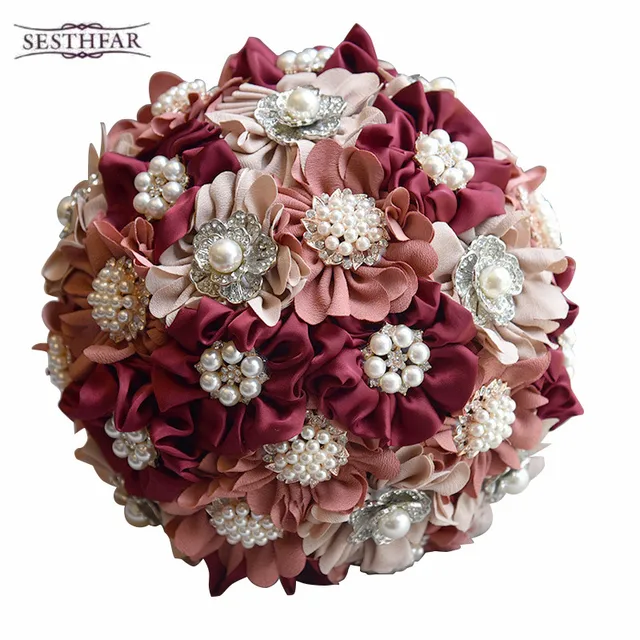 3pc Set Satin Wedding Bouquet Burgundy Photograph Bridal 3pc Set Satin Wedding Bouquet Burgundy Photograph Bridal Artificial Flowers With Brooches Pearls 2018