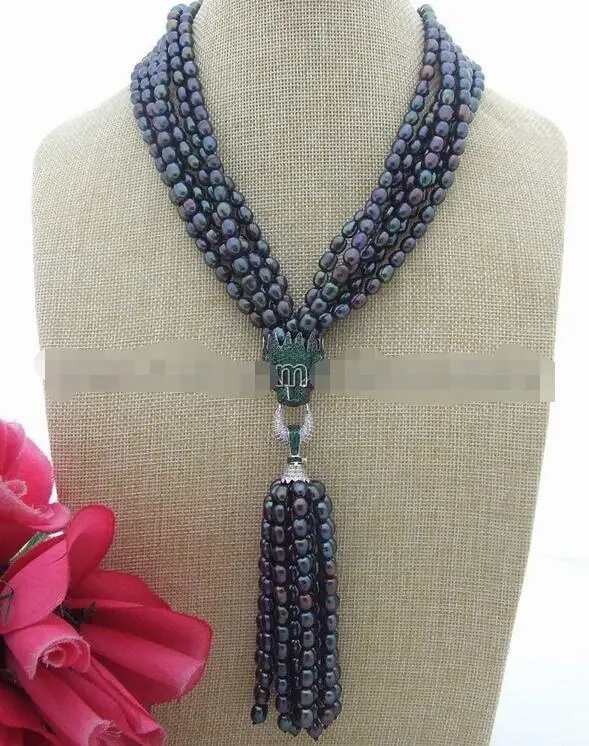 

beautiful 19" 6 row Black Pearl CZ Pendant Necklace