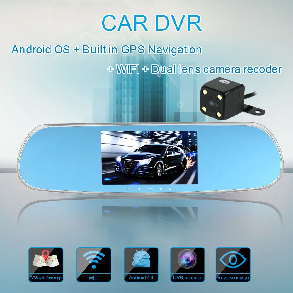 imágenes para 5 "1080 P Sistema Inteligente Android Espejo Retrovisor Del Coche Construido en el GPS navegación WIFI Lente Dual Cámara Del Coche DVR Grabador de video Libre de mapa imágenes para 5 "1080 P Sistema Inteligente Android Espejo Retrovisor Del Coche Construido en el GPS navegación WIFI Lente Dual Cámara Del Coche DVR Grabador de video Libre de mapa
