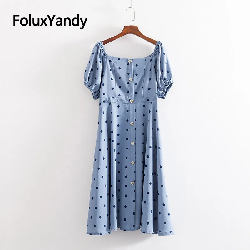 

Polka Dot Slash Neck Dress New 2019 Casual Plus Size Summer Style Mid-Calf A-line Short Sleeve Dress Blue Vestidos KKFY3533