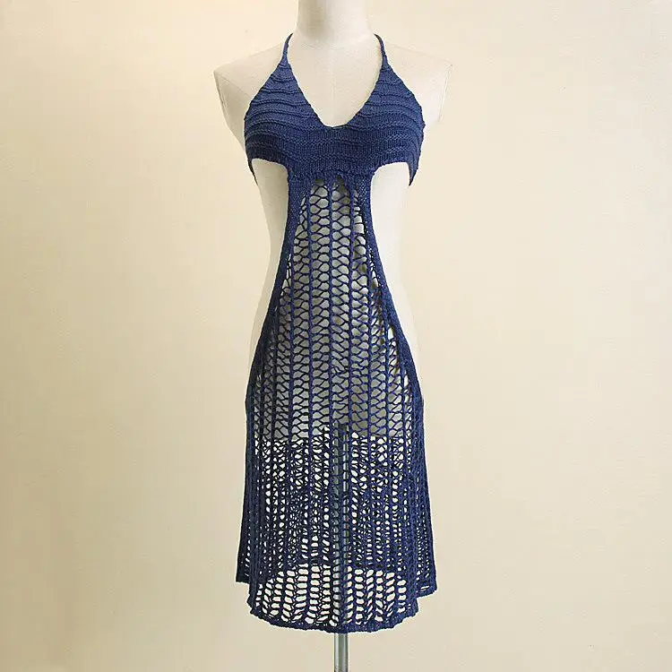 Европейский Американский стиль пляжные Свободные Твердые выдалбливают обычные натуральные v-образным вырезом летние женские платья Td250 - Цвет: Синий