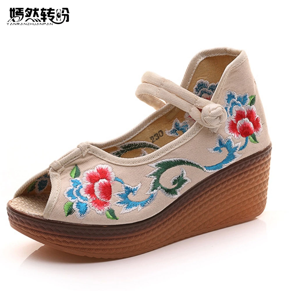 

2018 Summer Women Sandals Peep Toe Floral Embroidered Wedges Platform Shoes For Woman Comfortable Casual Sandals 5cm Heel