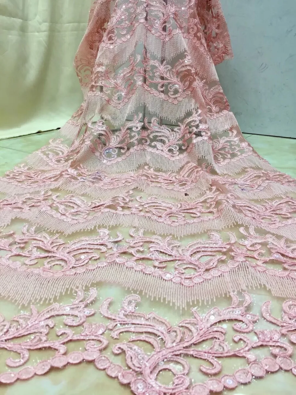 

Pink white flower embroidered tulle lace fabric with sequins french net lace fabric