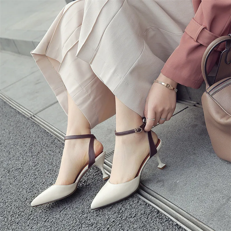 Marque Mode Élégant Bout Cuir Bride Cheville La Conasco Vache Talons Beige Mariage Hauts Femme Bureau De Parti En marron Pompes Chaussures À Pointu d5wvH