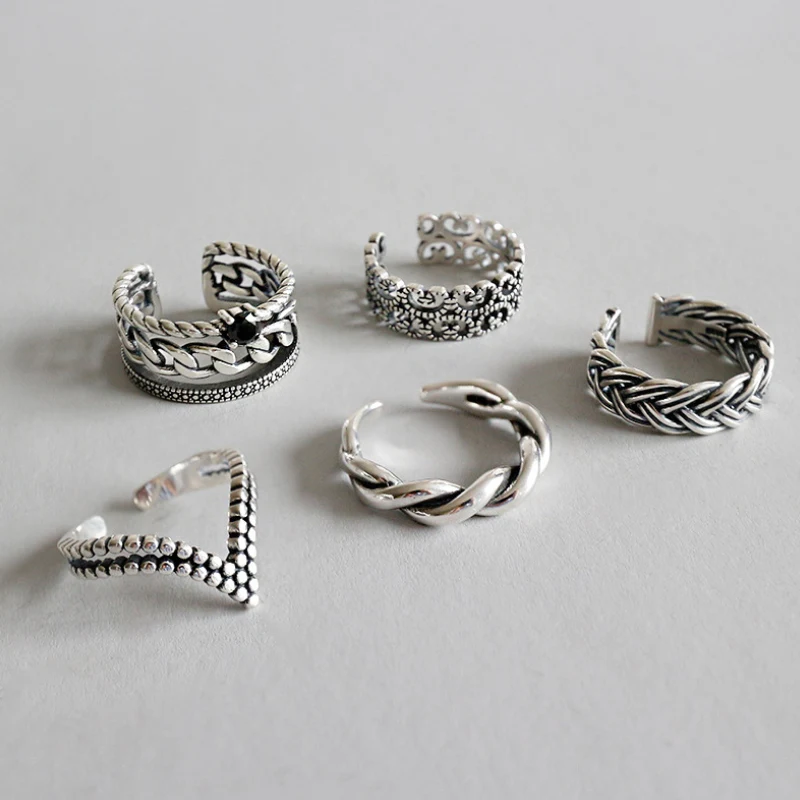 

BIG J.W Trendy 925 Sterling Silver Adjustable Rings For Women S925 Daliy Jewelry Vintage V Shaped Geometric Hollow Twist Rings