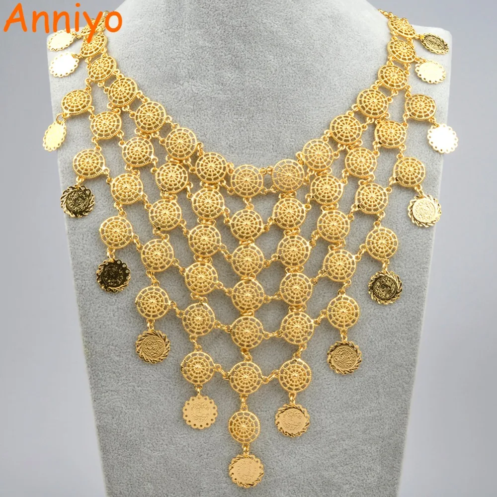 Anniyo 46cm Arab Vintage Coin Gold Color Big Necklaces for Women,Middle