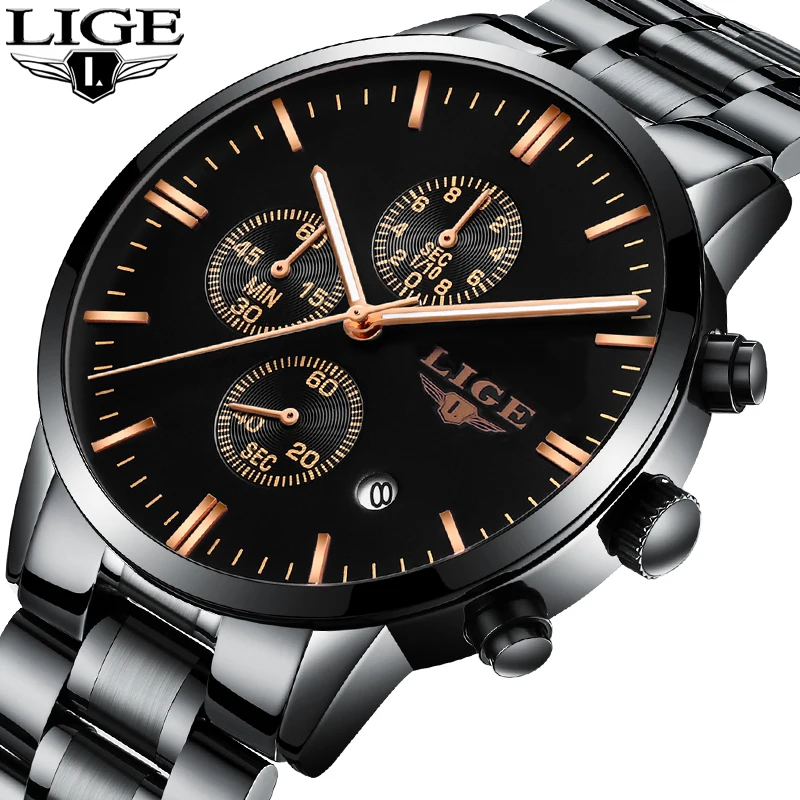 

LIGE Watches Men Luxury Brand Chronograph Men Sports black Watches Waterproof Full Steel Quartz Wristwatches Relogio Masculino