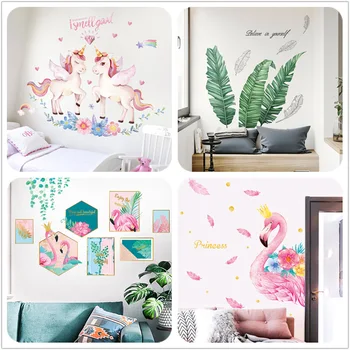 

Cartoon Unicorn Wall Stickers for Kids Room Girls Bedroom Home Decor DIY Animal Plant Wallpaper Wall Art Mural Decals
