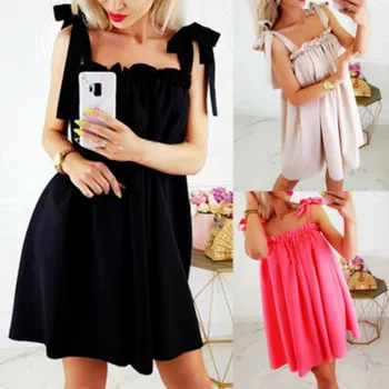 

Women Sleeveless Loose Mini Dress Simple Tank Solid Dress Summer Boho Beach Party Evening Short