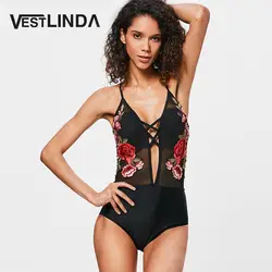 VESTLINDA сетки вышитые одна деталь боди пикантные для женщин Новинка 2018 года Лето Спагетти бретели для нижнего белья Высокая талия эластич