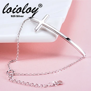 

Loioloy 100% 925 Silver Silver Sideways Charm Cross Bracelet For Women, Faith Christian Curve Cross Bracelet Bangle Fine Jewelry