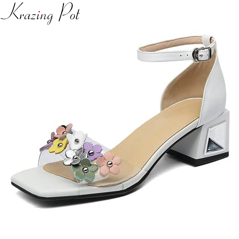 

Krazing pot genuine leather appliques strange med heels streetwear colorful flowers rivets peep toe vacation sexy sandals L06