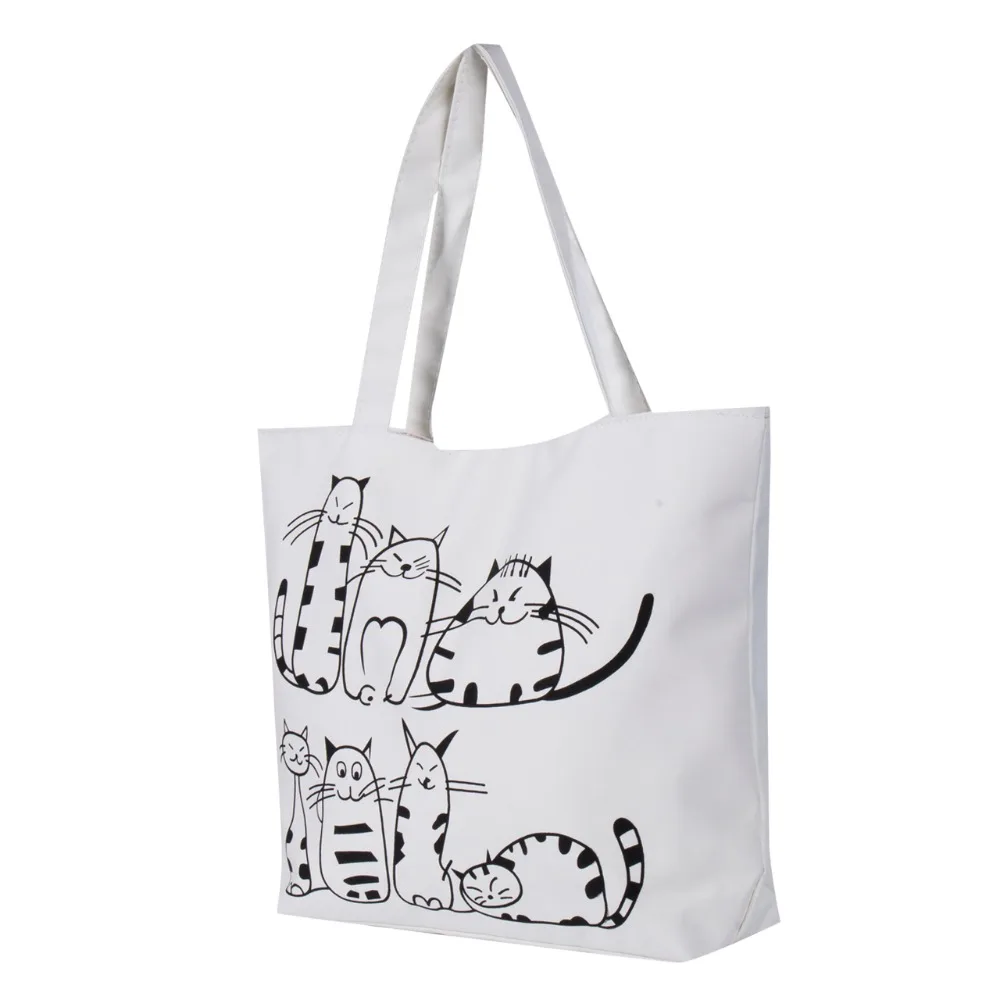 Women Cute Cartoon Cat Print Canvas Shoulder Bag Zipper Casual Tote Shopping Handbag Women Cute Cartoon Cat Print Canvas Shoulder Bag Zipper Casual Tote Shopping Handbag