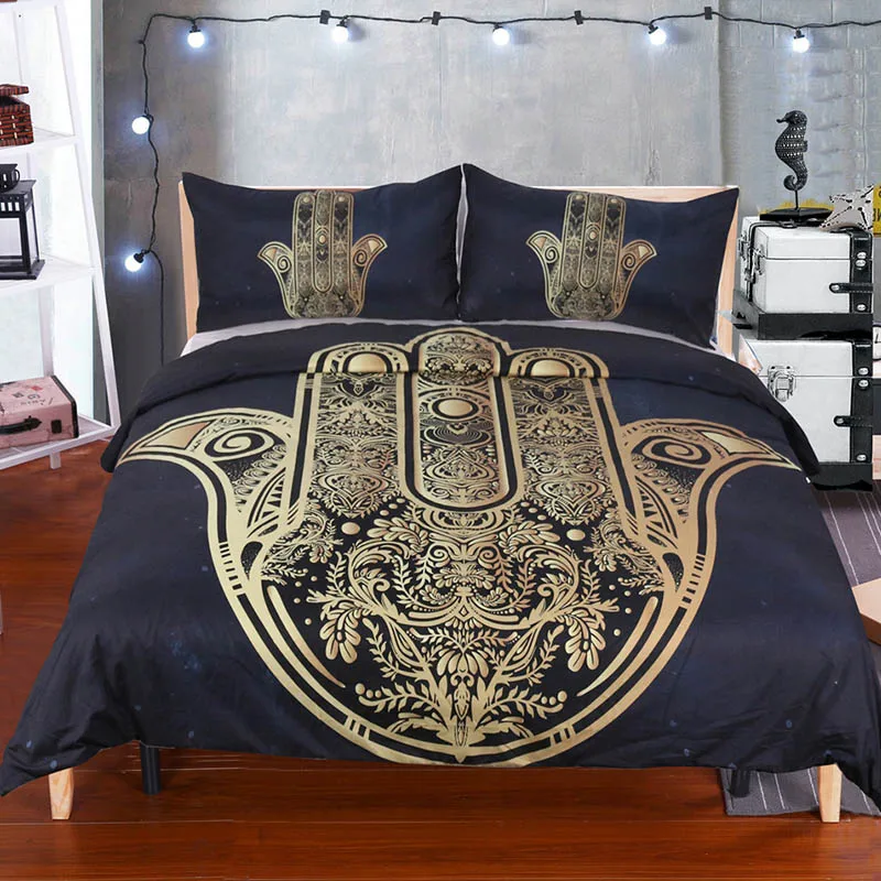 

3Pcs Hamsa Hand Duvet Cover with Pillowcase Black Dark Blue Bedding Set Vintage Soft Microfiber Quilt Cover Set Single Bed Cover