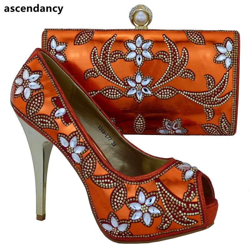 

New Arrival Orange Matching Italian African Women Matching Italian African Shoe and Bag Set for Party In Women Nigerian Shoe Bag