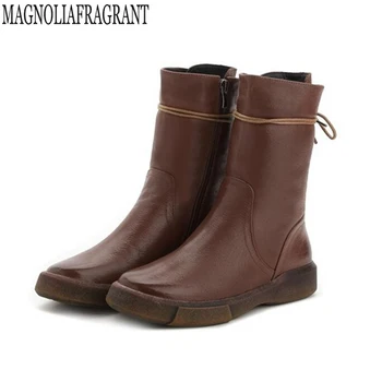 

Genuine leather women boots winter warm shoes botas feminina female motorcycle ankle fashion Lace boots women botas mujer
