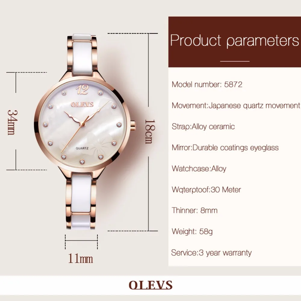 OLEVS, модные брендовые женские часы,, кварцевые наручные часы, женские, настоящие стразы, под платье, кристалл, водонепроницаемые, сталь, керамика, часы