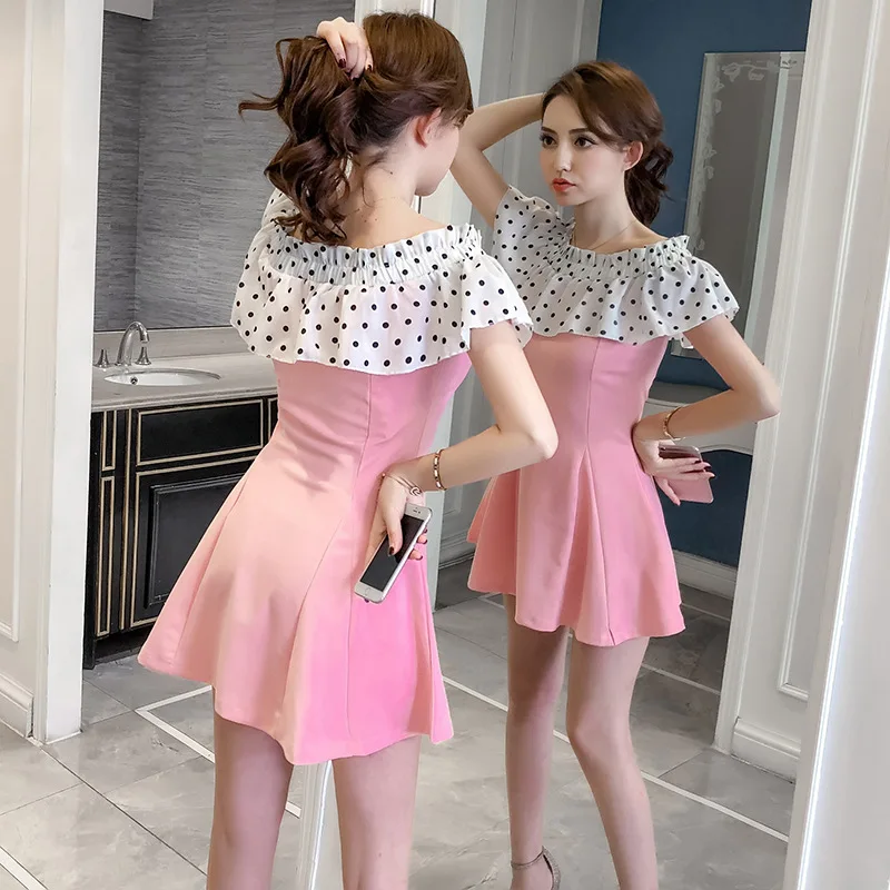 2018 New Arrivals  Summer  sexy dot dot shoulder stitching slim A short sleeved dress Free Shipping