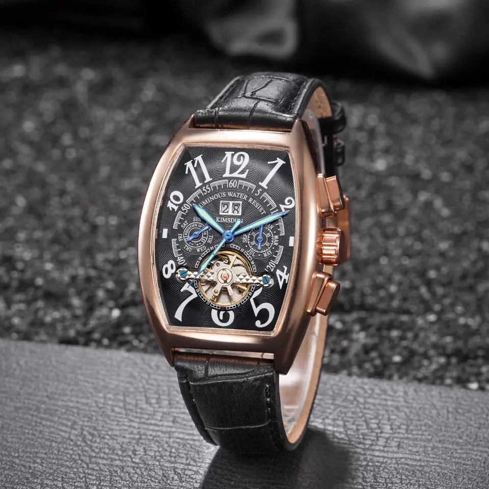 Топ бренд KIMSDUN Авто Дата часы для мужчин золотой чехол роскошные механические часы мужские модные кожаные Наручные часы Montre Homme