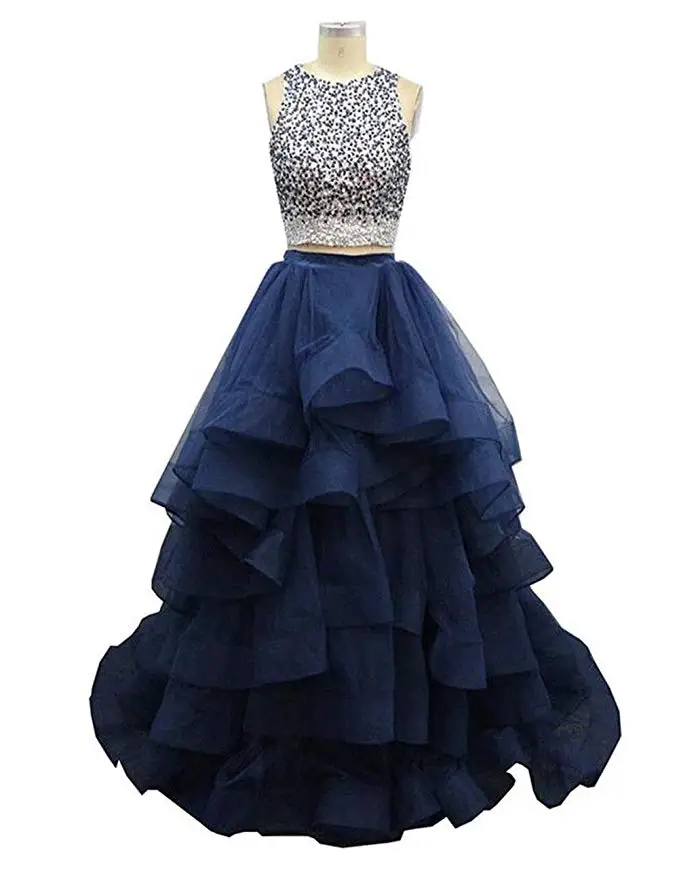 

2019 Scoop Neck Sleeveless Zipper-Back Sequins Beads Tulle Two Pieces Prom Gown Gala Jurken