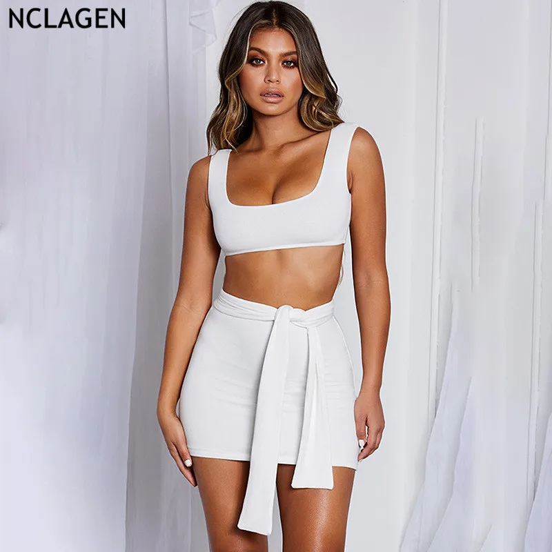 

NCLAGEN 2019 Fashion Two Pieces Skirt Set Women Mini Cropped Tank Tops & High Waist Butt Lift Bandage Skirts Office Lady Outfits